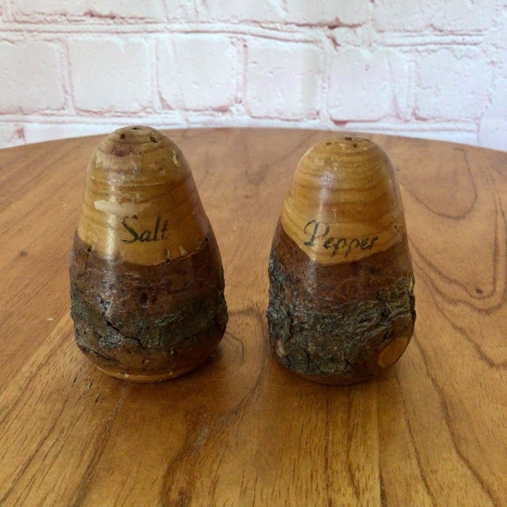 Vintage Carved Wood Rustic Salt and Pepper Shaker Pair with Bark
